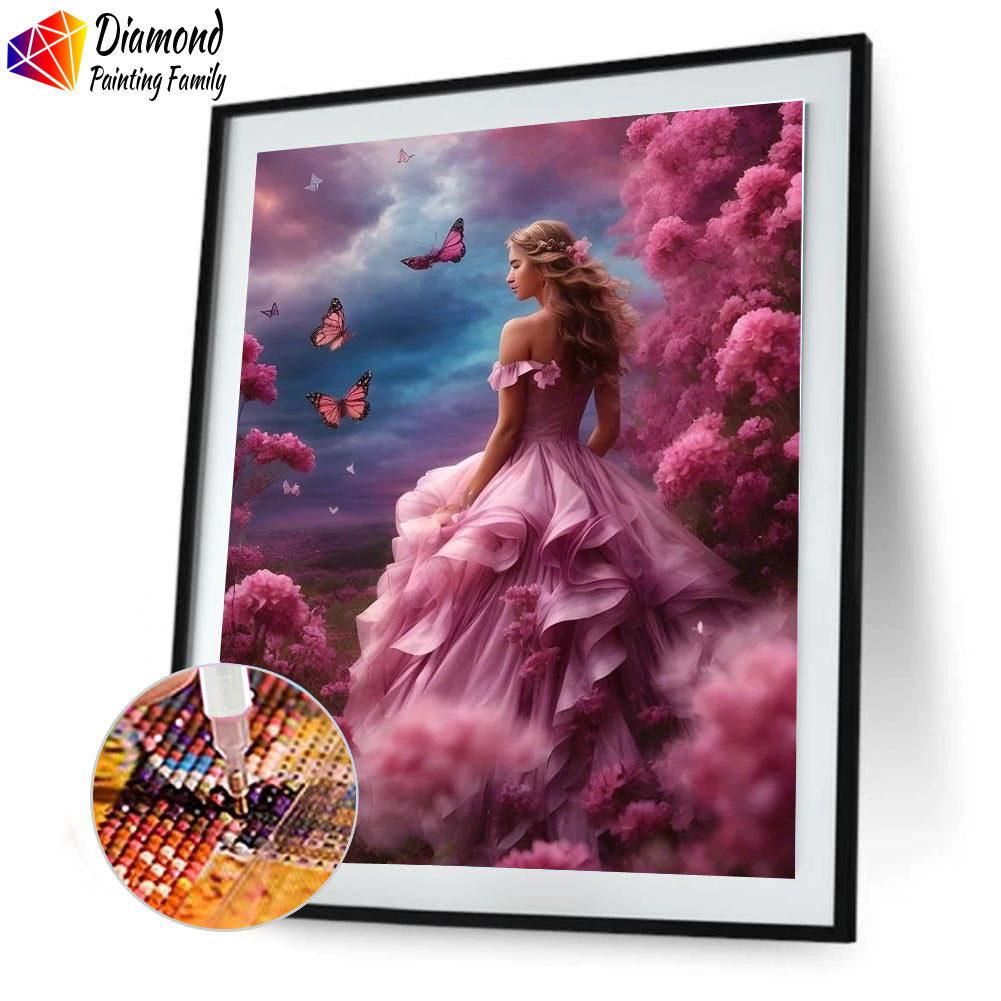 Diamond Painting Family Full Resin Square Fairy Dust Crystal AB Stone Diamond Painting Arts Pink Flower Girl丨DF0005