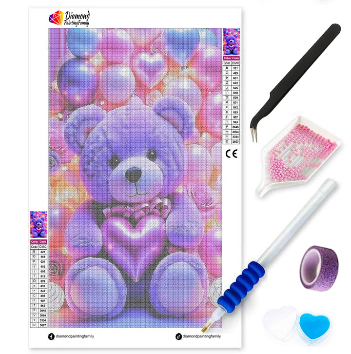 Diamond Painting Family Full Resin Square Fairy Dust Crystal AB Stone Diamond Painting Arts Purple Balloon Bear丨DF0017