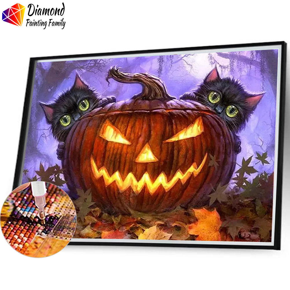 Diamond Painting Family Full Resin Square Fairy Dust Crystal AB Stone Diamond Painting Arts Halloween Pumpkin Kitty丨DF0018