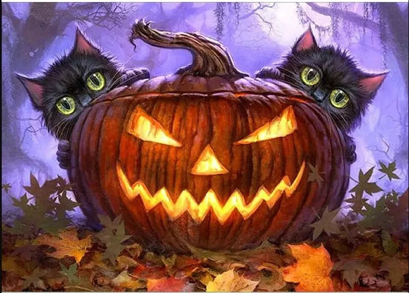 Diamond Painting Family Full Resin Square Fairy Dust Crystal AB Stone Diamond Painting Arts Halloween Pumpkin Kitty丨DF0018