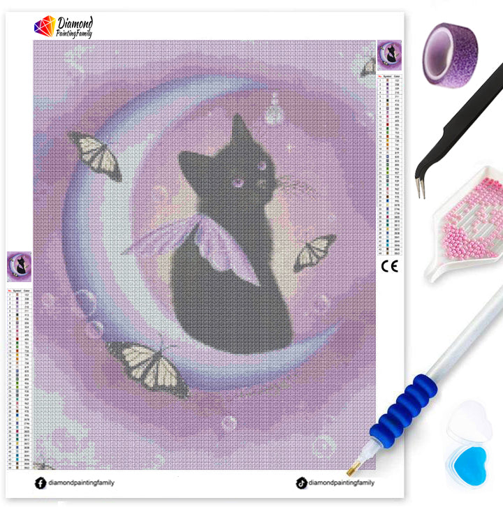 Diamond Painting Family Full Resin Square Fairy Dust Crystal AB Stone Diamond Painting Arts Black Cat Moon丨DF0084